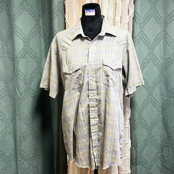 Vintage Men's Plaid Pearl Snap Short Sleeve Shirt - Size Large - Picture 4 of 14